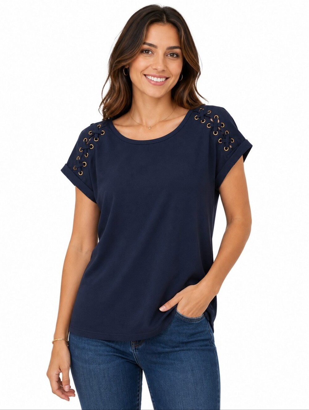 Magazine Navy Lace-Up Shoulder Top Size Medium